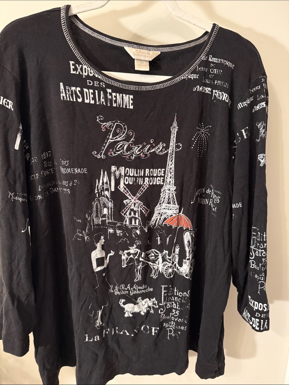 CJ Banks Black Paris Graphic Long-Sleeve Top with Red Accent 2X